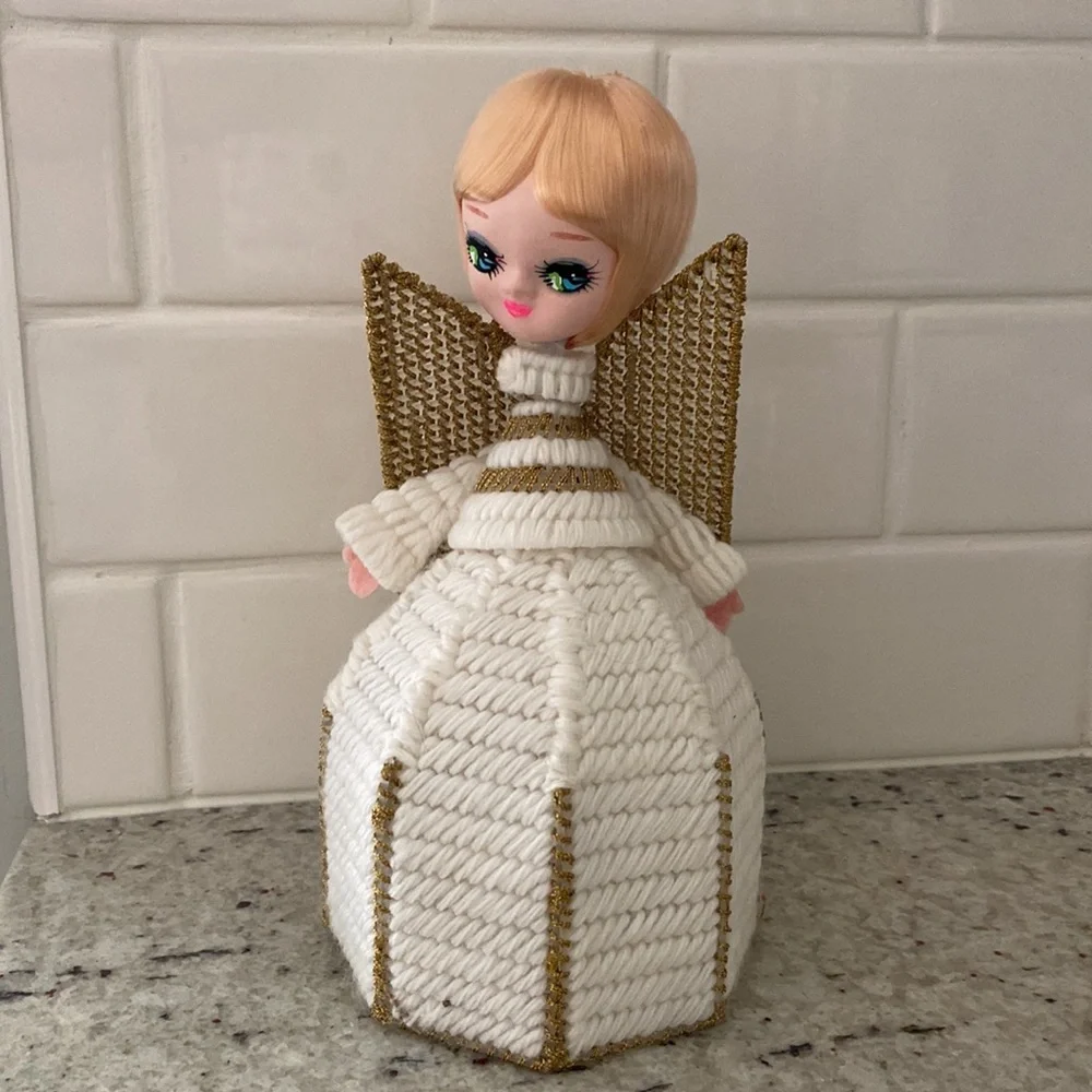 Midcentury needlepoint angel tree topper